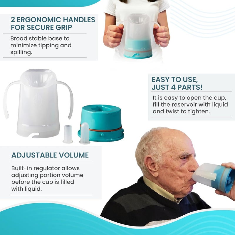 RJE Petite Dysphagia Regulating Drinking Cup for Difficulty Swallowing Disorders (5 oz) – Controlled Sips Cup Prevents Aspiration - 2 Handles for Secure Grip - Adjustable 4cc-12cc, Made in Canada - Image 4